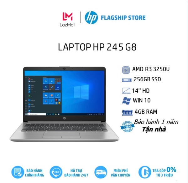 Laptop HP 245 G8,AMD R3 3250U,4GB RAM,256GB SSD,AMD Graphics,14HD, 3 Cell,Wlan ac+BT,Win 10 Home 64,Silver,1Y WTY_53Y18PA - Hàng Chính Hãng - Bảo Hành 1 Năm