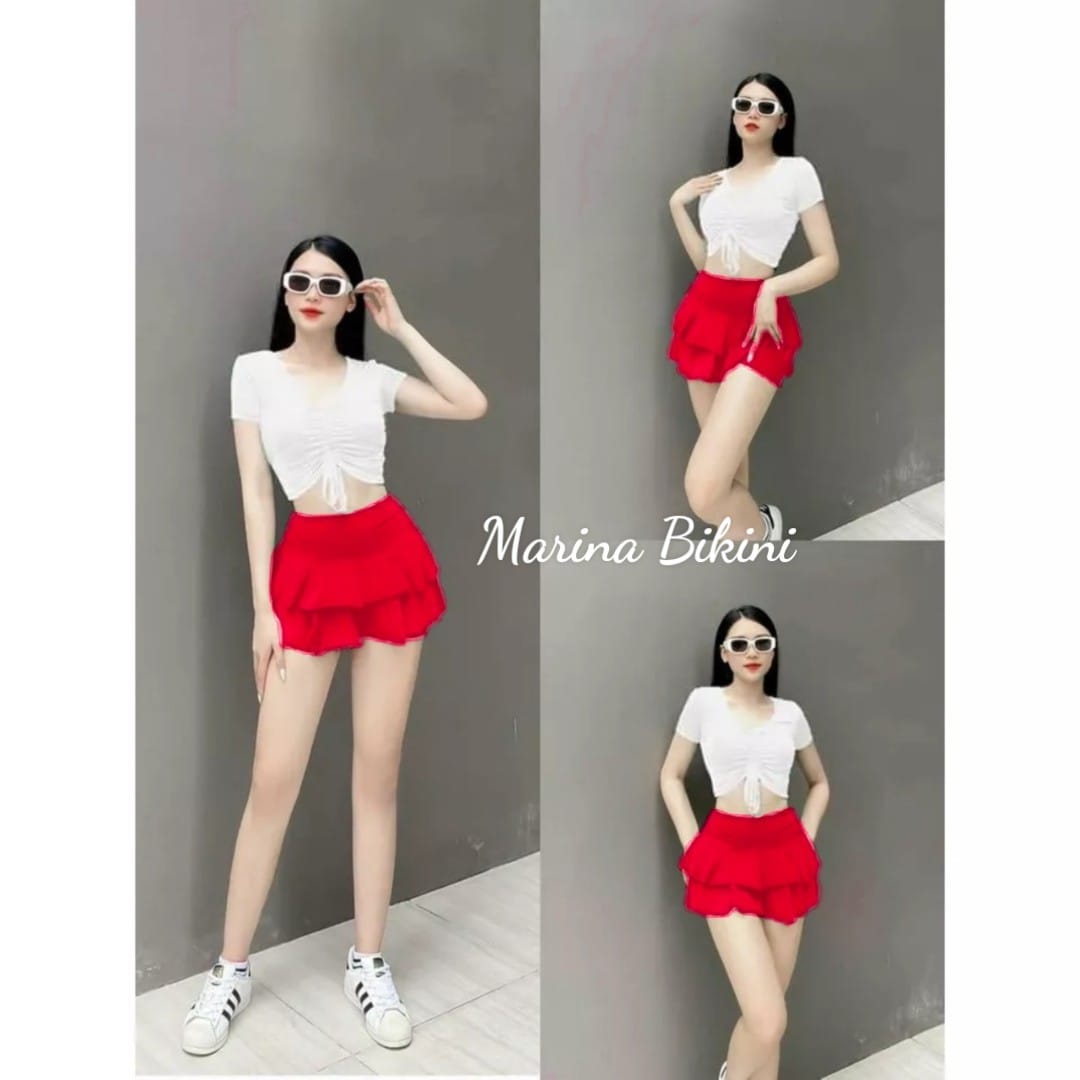 Bikini đi biển đồ bơi nữ set đồ đi biển áo rút ngực tay lửng váy 2 tầng MARINA019