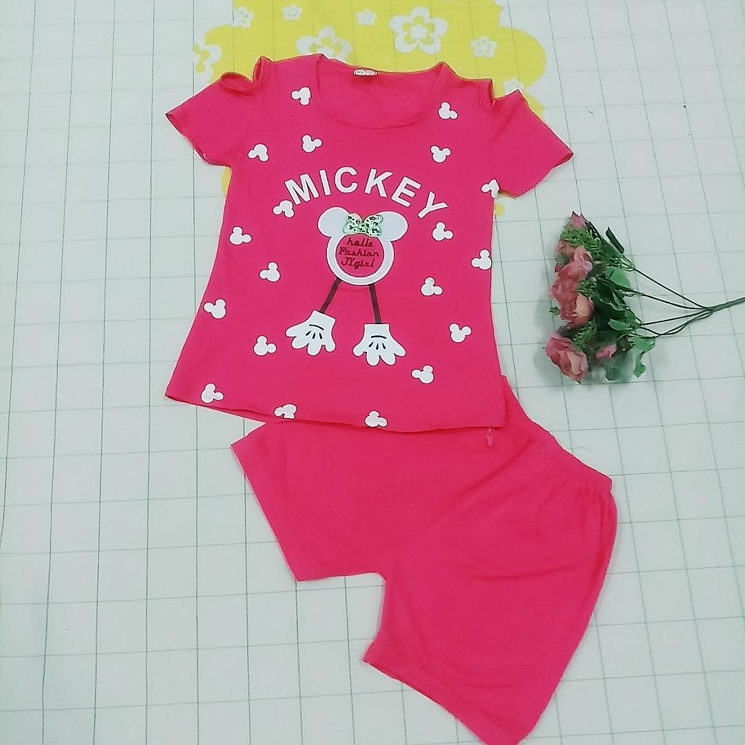 [HCM]Đồ bộ quần áo thun cotton tay ngắn kiểu hở vai size nhỡ cho bé gái từ 18kg đến 35kg( màu đỏ hồng)