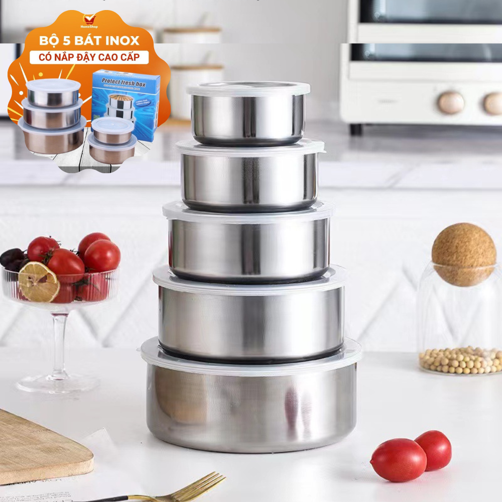 Bộ thố lạnh inox 5 món, sét 5 bát inox có nắp đậy, bộ 5 hộp đựng thực phẩm inox cao cấp