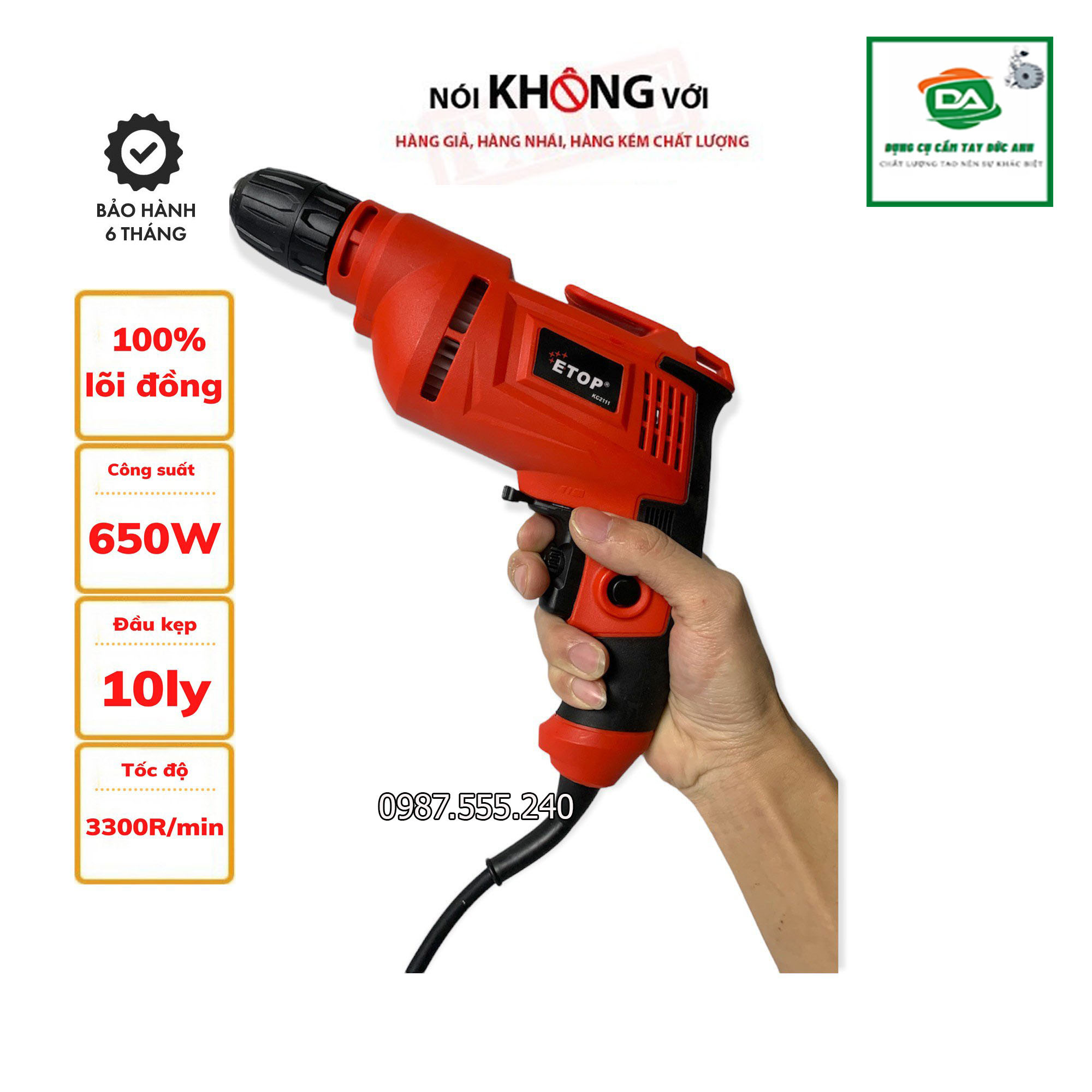Máy khoan điện đầu 10 ly etop xh-10a công suất 620w - lõi đồng 100%