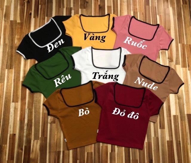 Áo croptop viền cổ đen vuông tay ngắn cực sang cho cô  nàng nang động