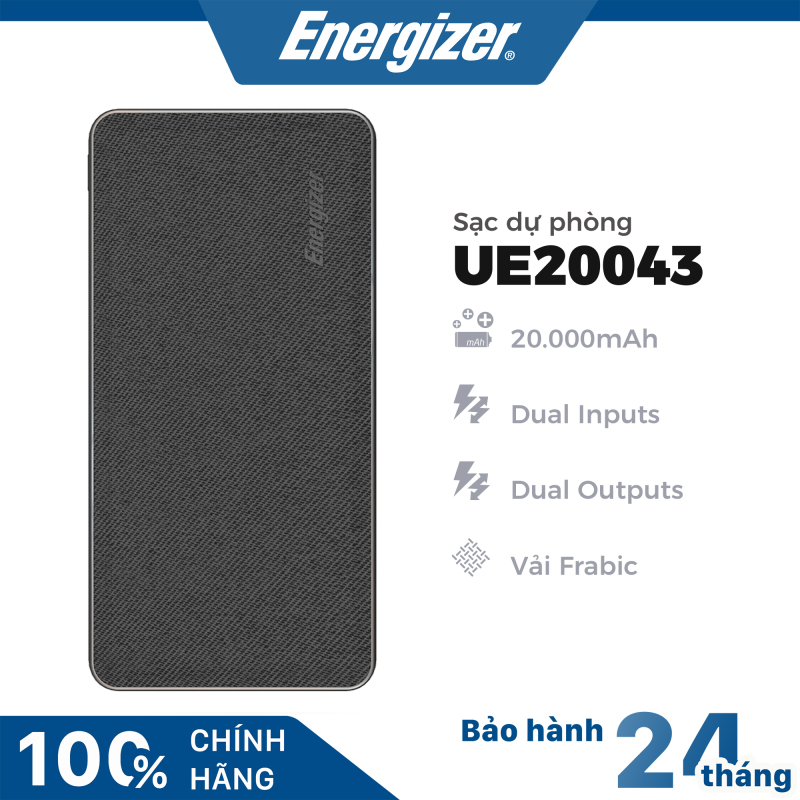 Sạc dự phòng Energizer UE20043 -20000mAh 2 cổng USB output, bọc vải Fabric thời trang chống bám vân tay