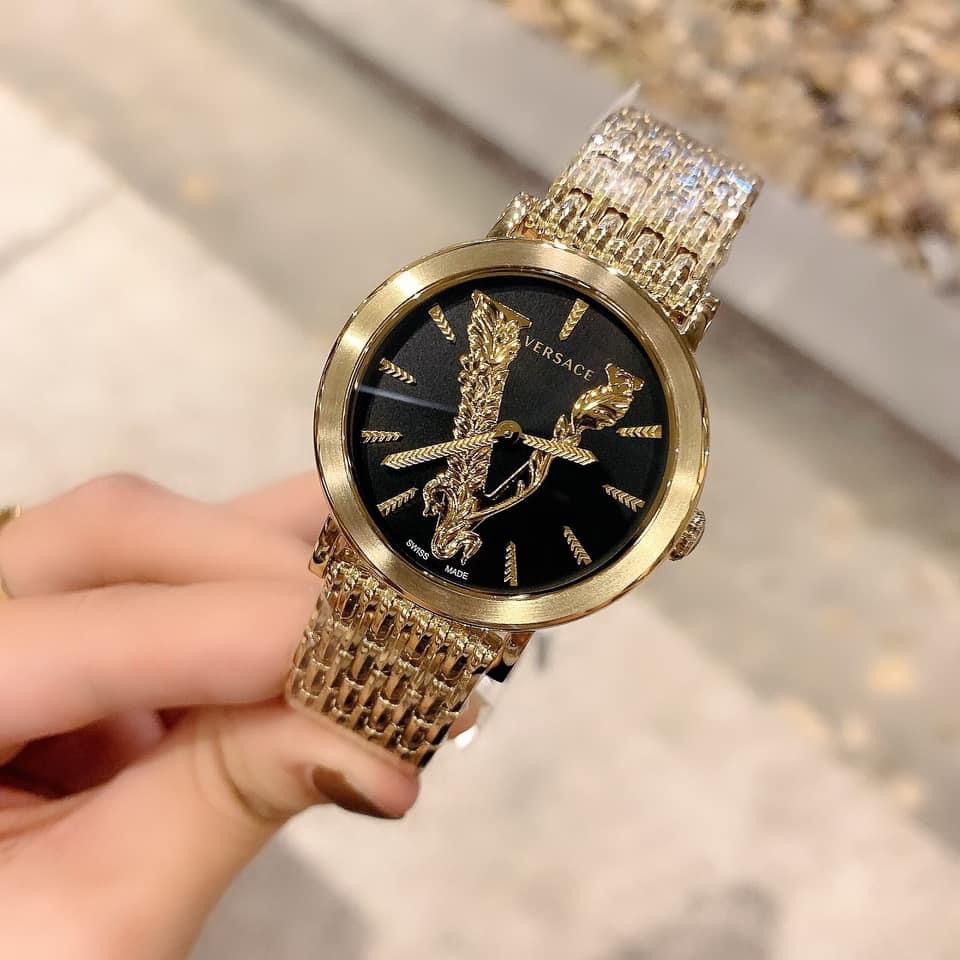 [HCM]Đồng Hồ Versace Virtus Gold Nữ Dây Vàng Mặt Đen 36mm