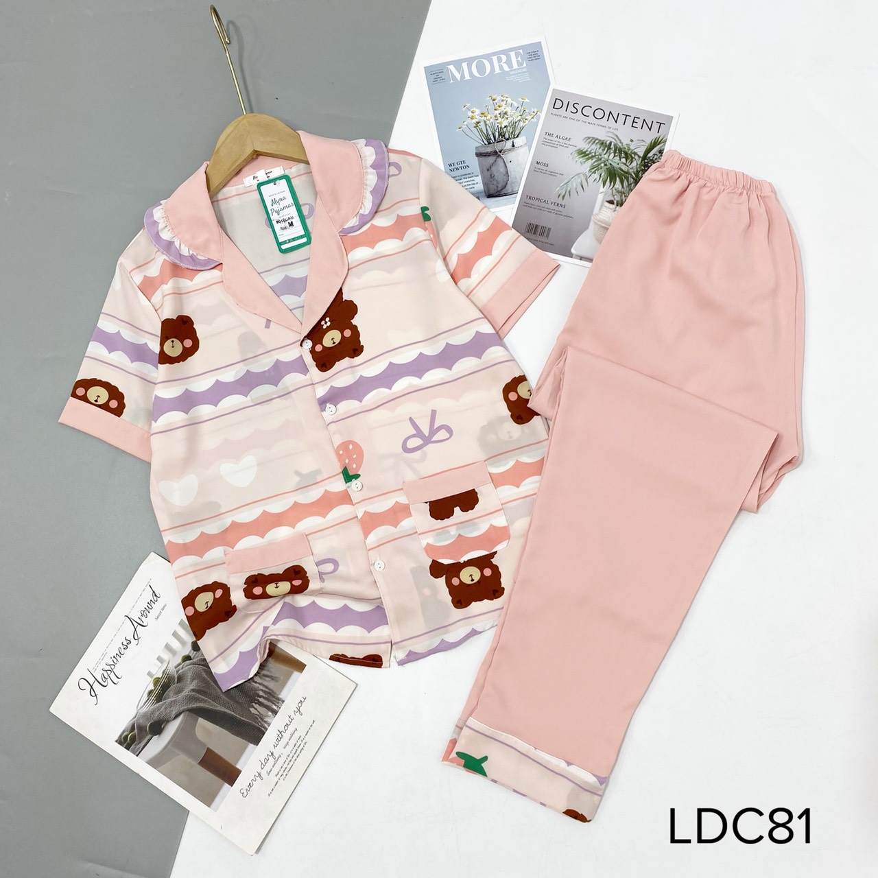 Bộ pijama lụa mango cộc dài cổ bèo
