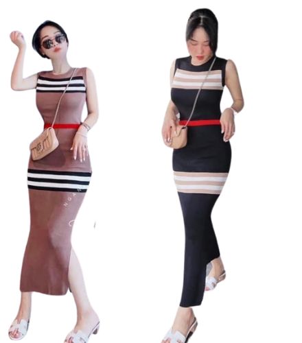 Đầm len thun sọc ngang thổ cẩm ôm body