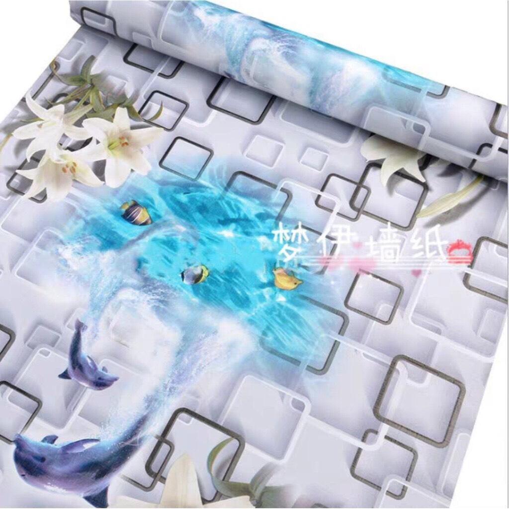 Cuộn 5M decal giấy dán tường (có sẵn keo) - hoa ly cá heo xanh