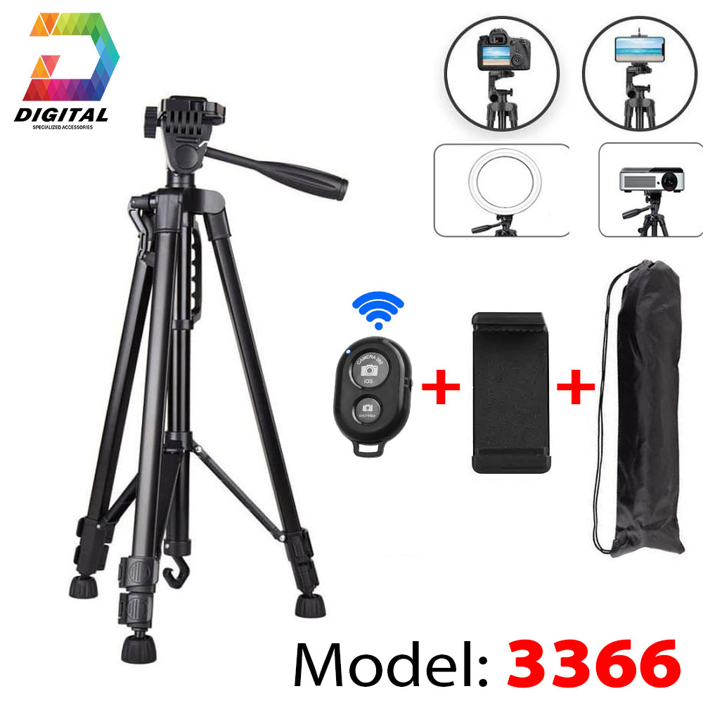Combo Gậy Tripod 3 Chân 3366 Cho Điện Thoại, Máy Ảnh Tặng Kèm Remote & Kẹp