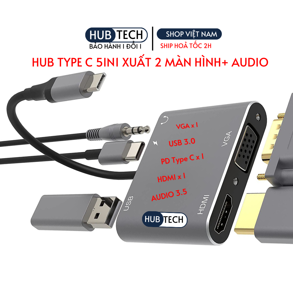 Hub usb type c to hdmi,cổng chuyển đổi type c,usb type c hub mac laptop Đt ra HDMI 4k ra 2 màn hình+audio 5in1
