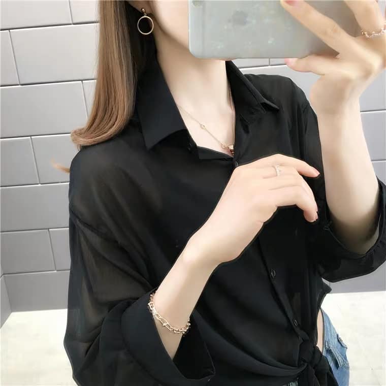 Áo Sơmi Mỏng Cột Dây Trước Bụng Xinh Xắn
