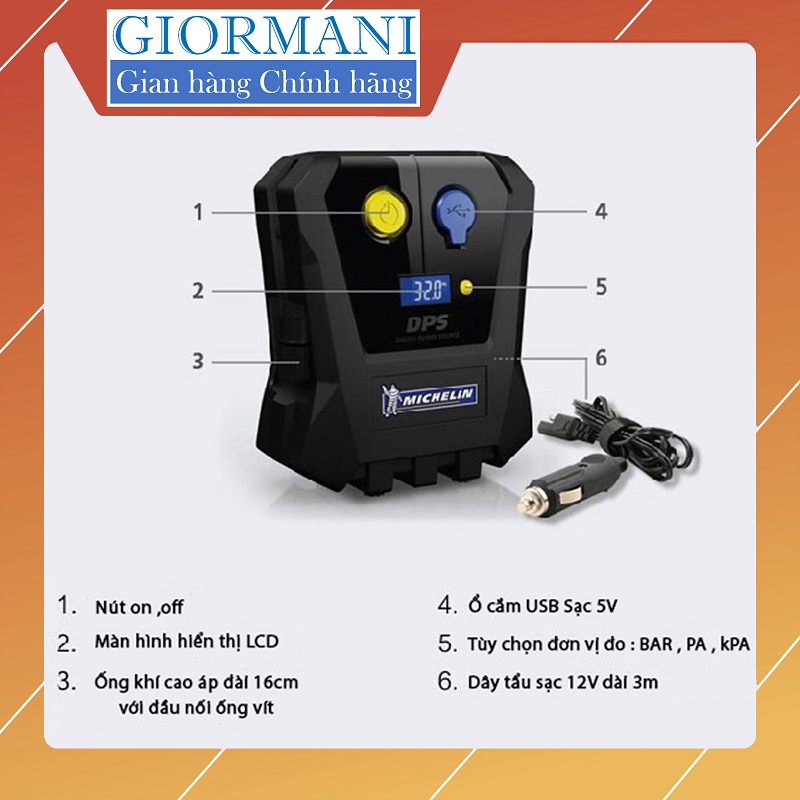 Máy bơm lốp đa năng 12v ô tô michelin 4399ml - hàng cao cấp giormani