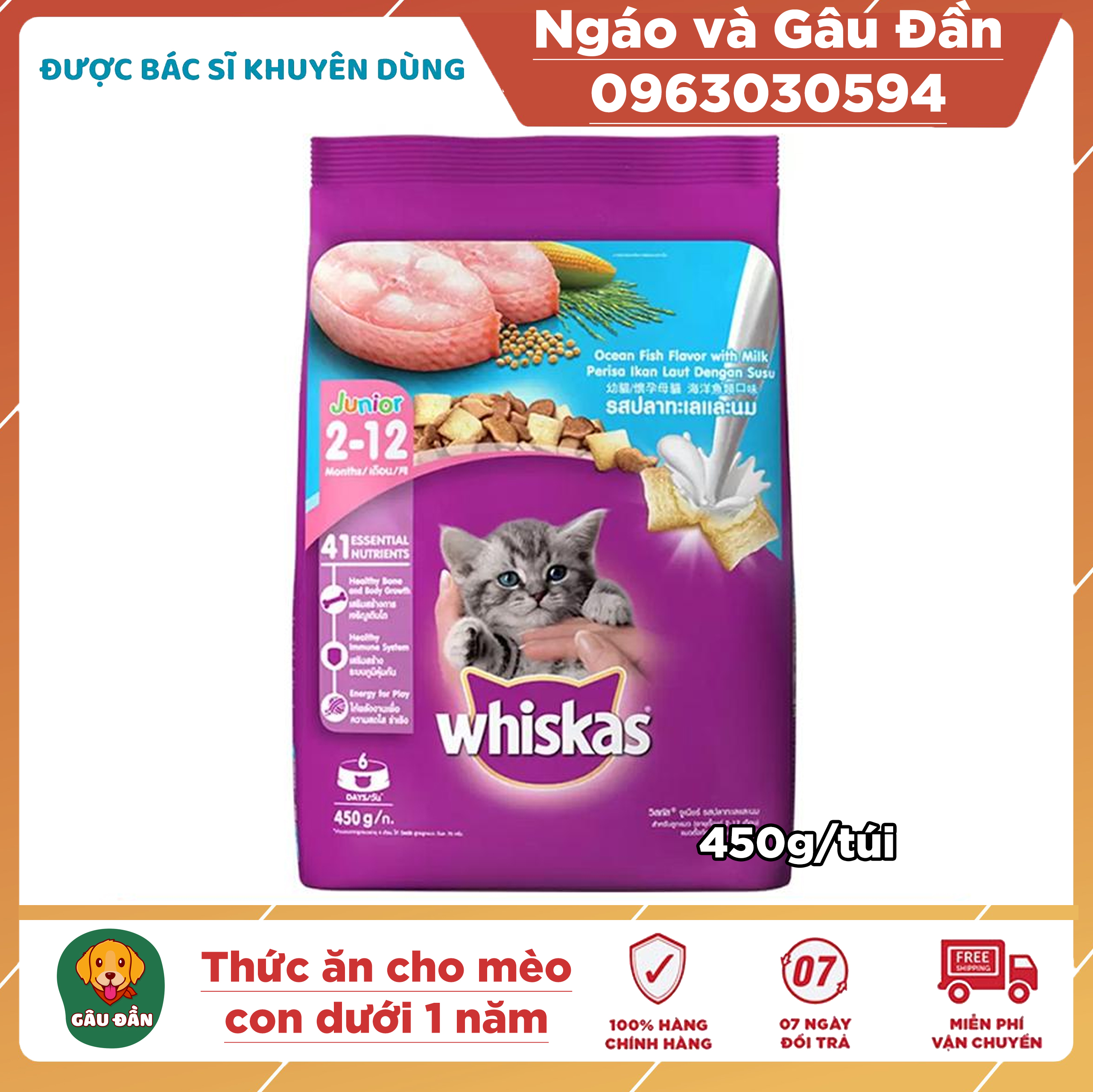 Thức ăn cho mèo con từ 2-12 tháng tuổi Whiskas Junior 450g