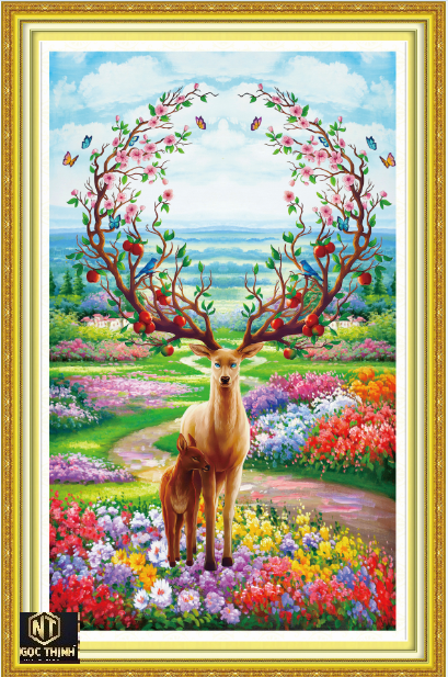 Tranh đính đá Tài lộc lâm môn con hươu Tài Lộc mang tài lộc vào nhà vs368  60x90 cm