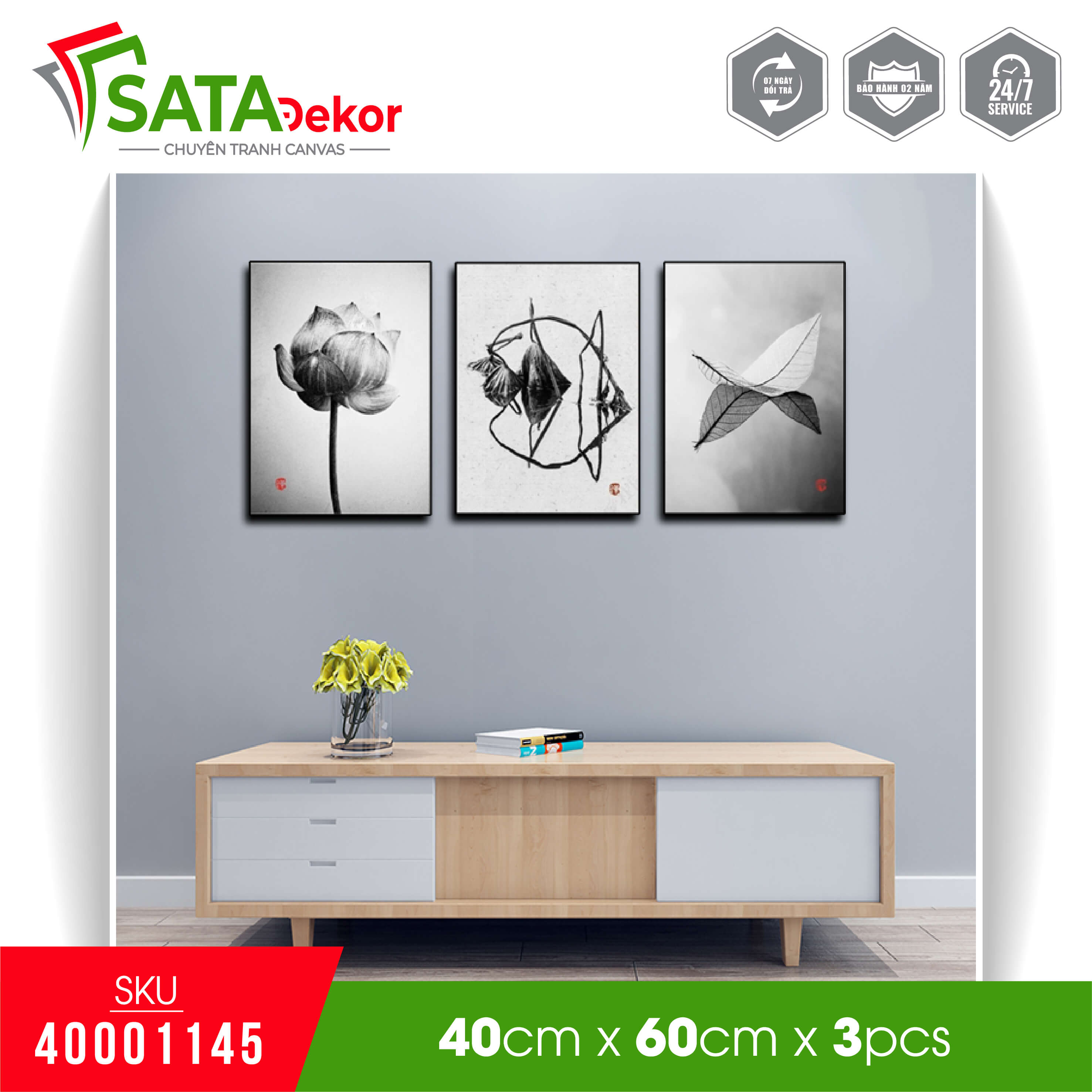 Tranh canvas hiện đại treo tường ao sen tĩnh lặng nghệ thuật trắng đen (40001145)