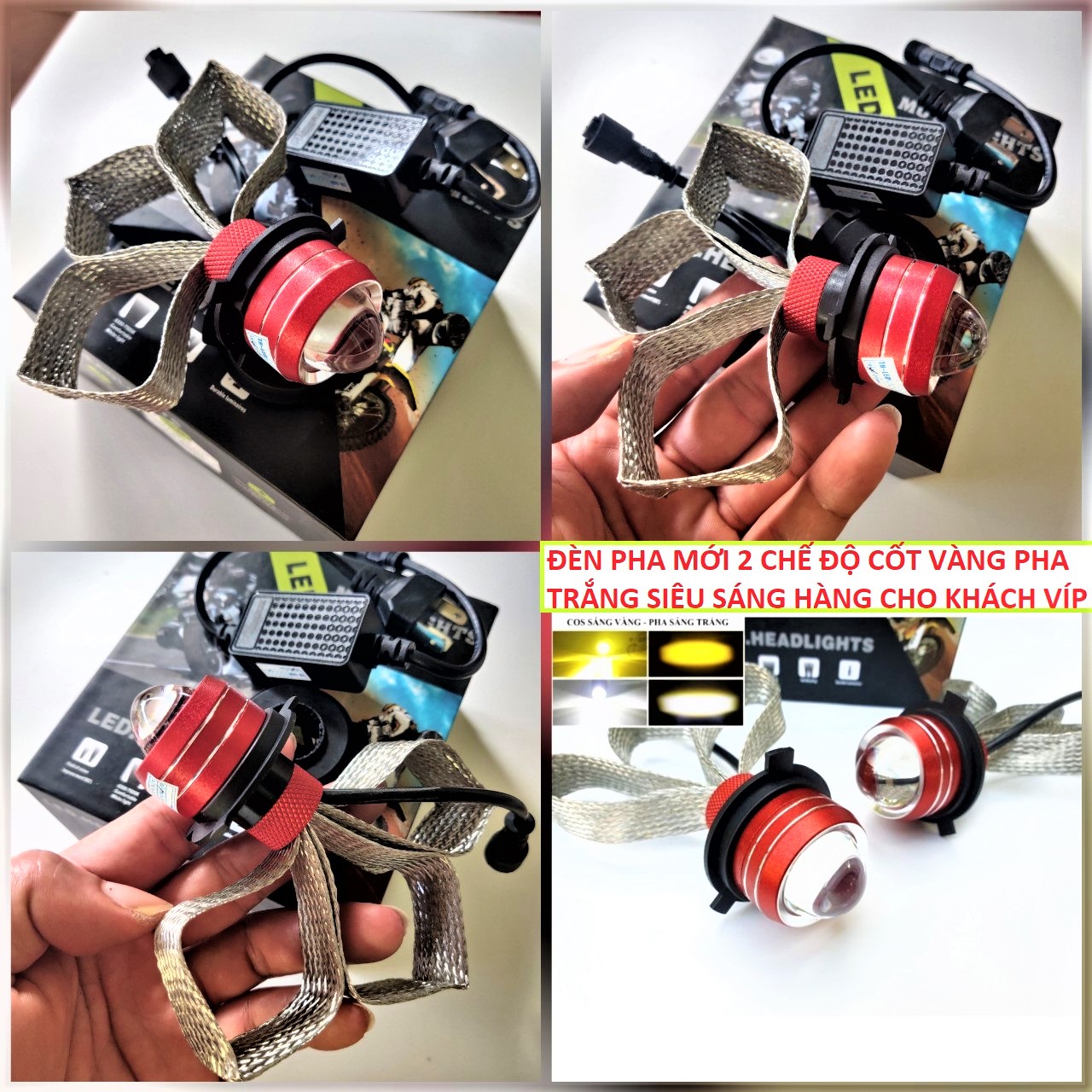 ĐÈN PHA 2 CHẾ ĐỘ CỐT VÀNG PHA TRẮNG SIÊU SÁNG DÀNH CHO KHÁCH VÍP , ĐÈN PHA XE MÁY ĐUÔI CÔNG , ĐÈN PHA BI CẦU 2 MÀU , ĐỒ CHƠI ĐỘ XE MÁY , PHỤ KIỆN ĐỘ XE MÁY