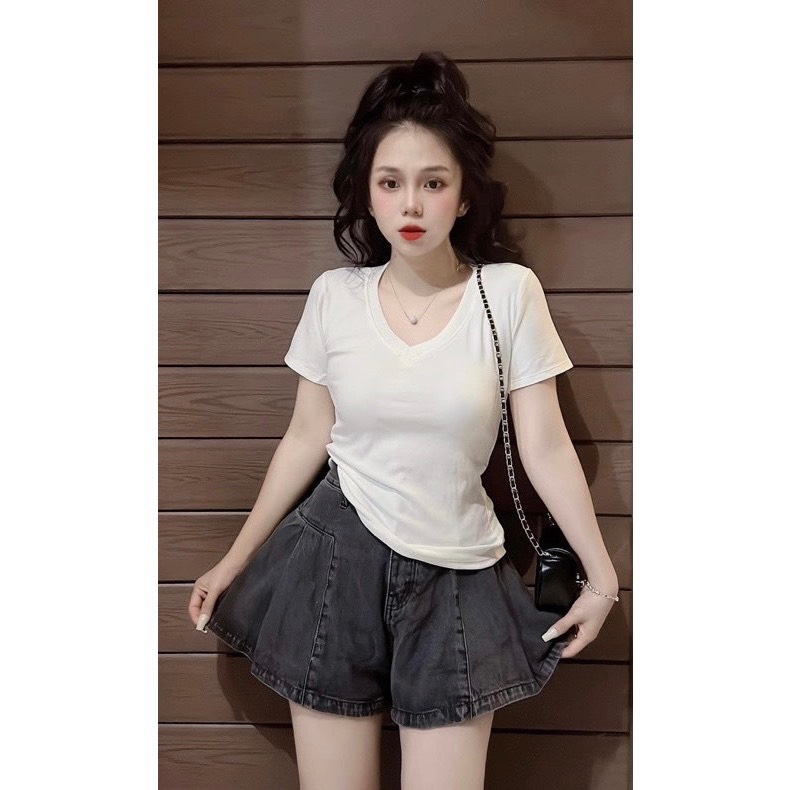 Áo thun nữ dáng ôm cổ tim tay ngắn trơn ( 787 )