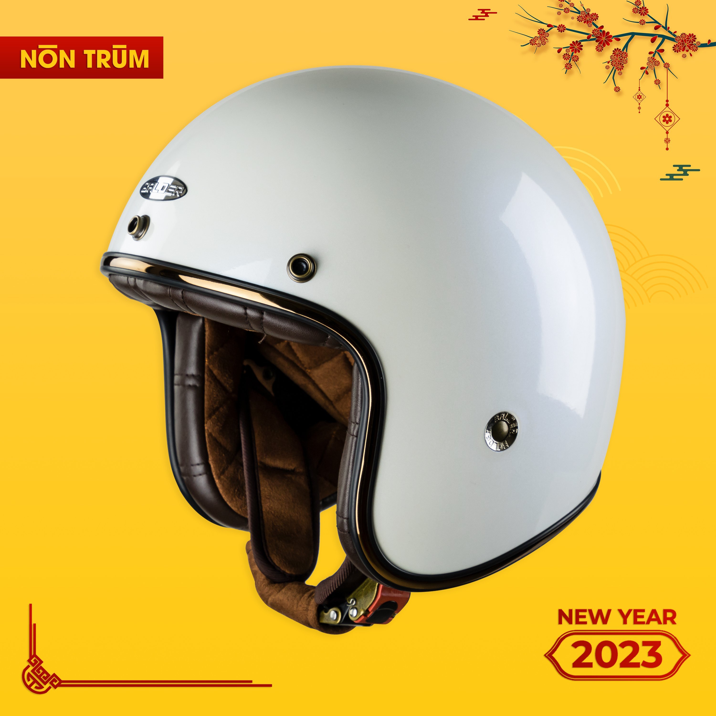 Nón bảo hiểm 3 4 Balder light màu trắng bóng, size M L XL
