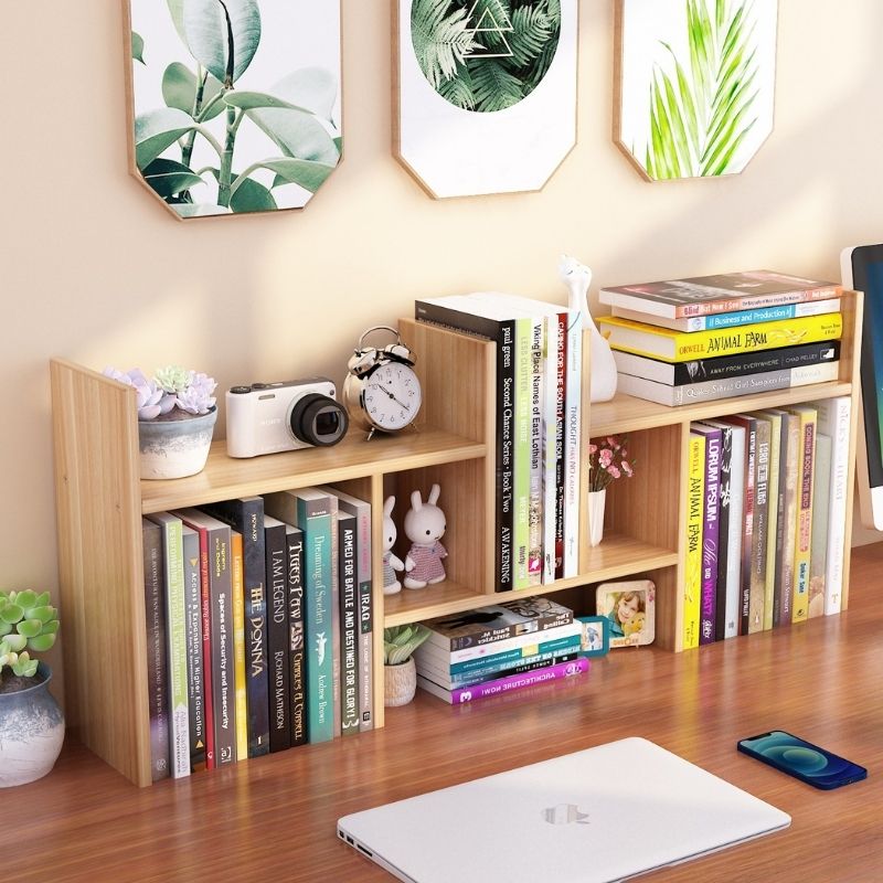 Kệ máy tính và kệ sách đa năng 9 thanh, Kệ sách để bàn bằng gỗ tiện lợi, Giá đựng sách để bàn nhỏ gọn đa năng, Kệ 9 thanh gỗ để bàn đa năng