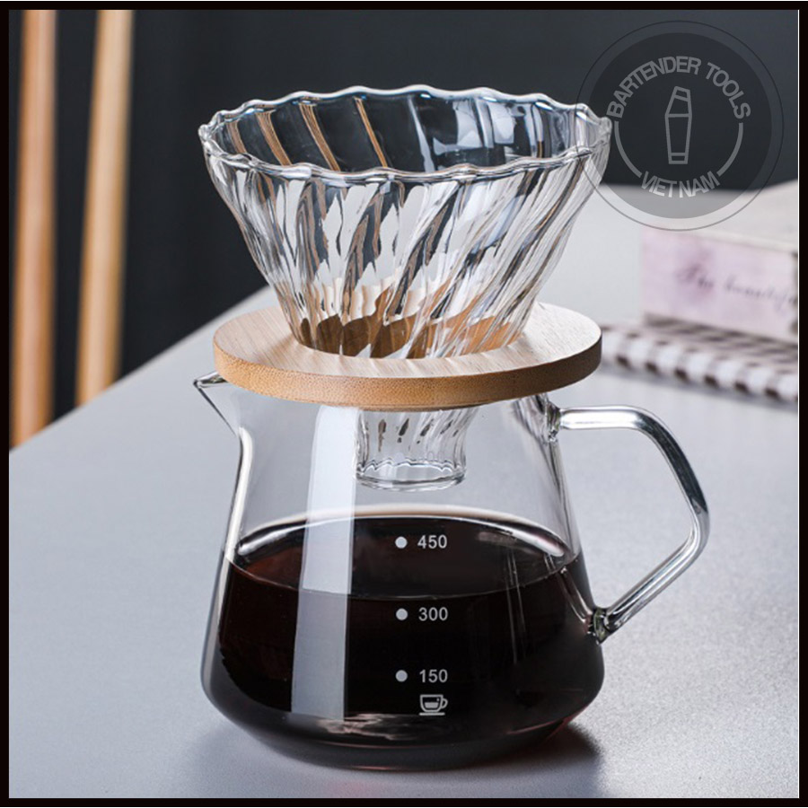Bình thủy tinh pha cà phê V60 vân trơn 600ml