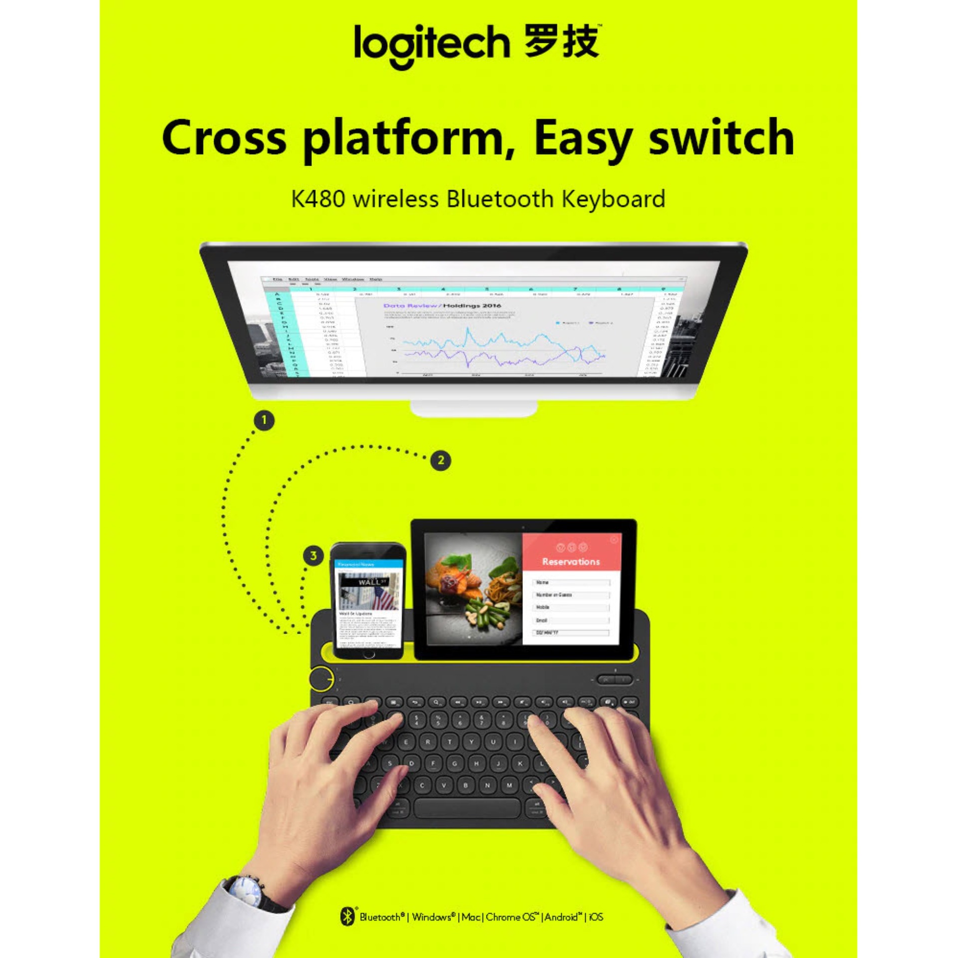Bàn phím Bluetooth Logitech K480 (920-006380) (Đen) Bàn phím Bluetooth không dây cao cấp Logitech K480 cho máy tính, điện thoại, máy tính bảng - Logitech K480 Bluetooth Keyboard Mobile Mac Tablet Laptop Multi-Device thin Mini mute keyboard with PC