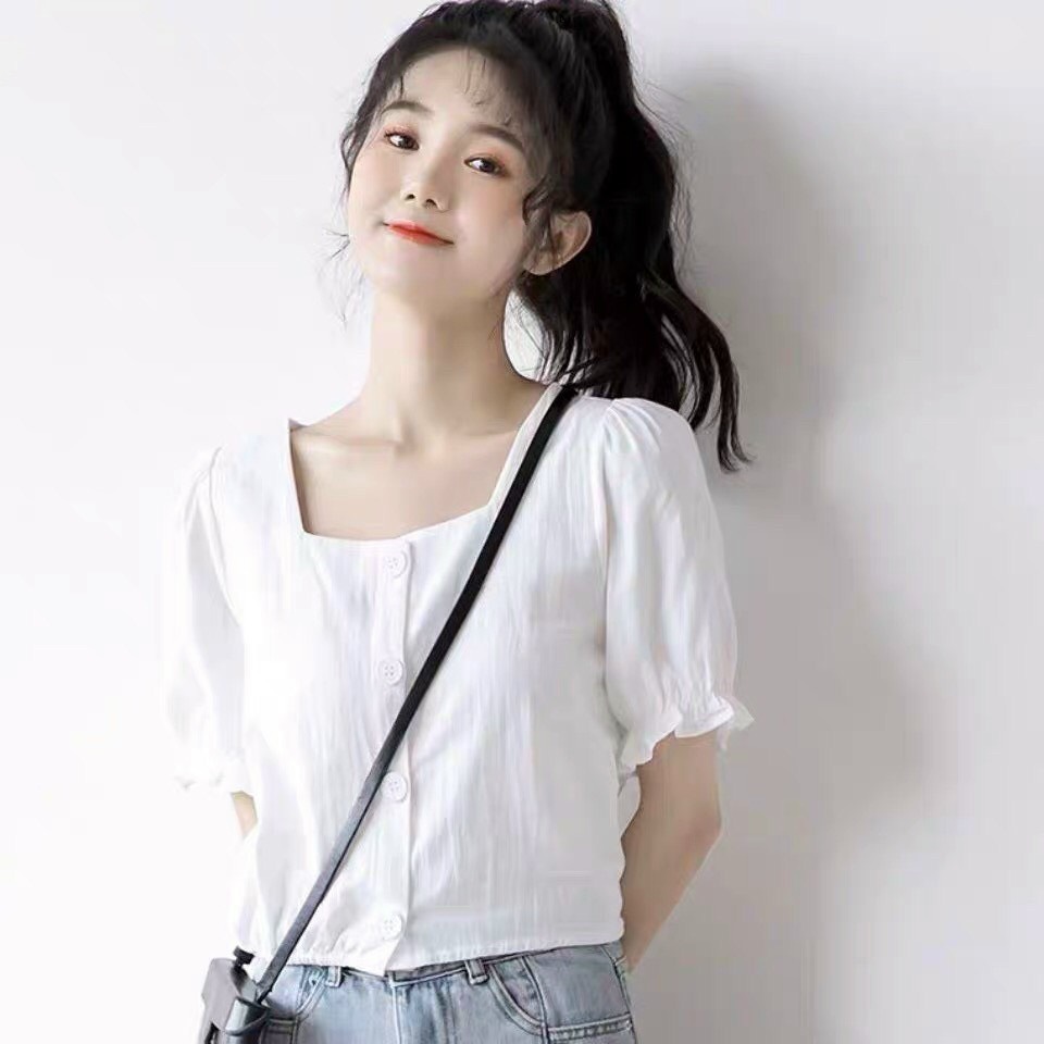 Áo kiểu voan cổ vuông ngắn tay nút gài dễ thương TTSA1086