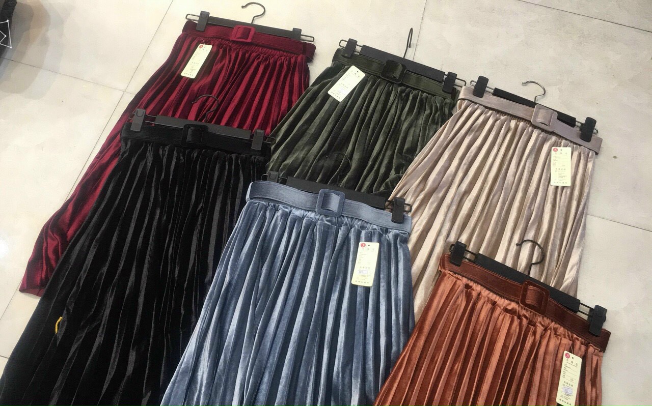 Chân váy xếp ly nhung - dáng midi kèm đai