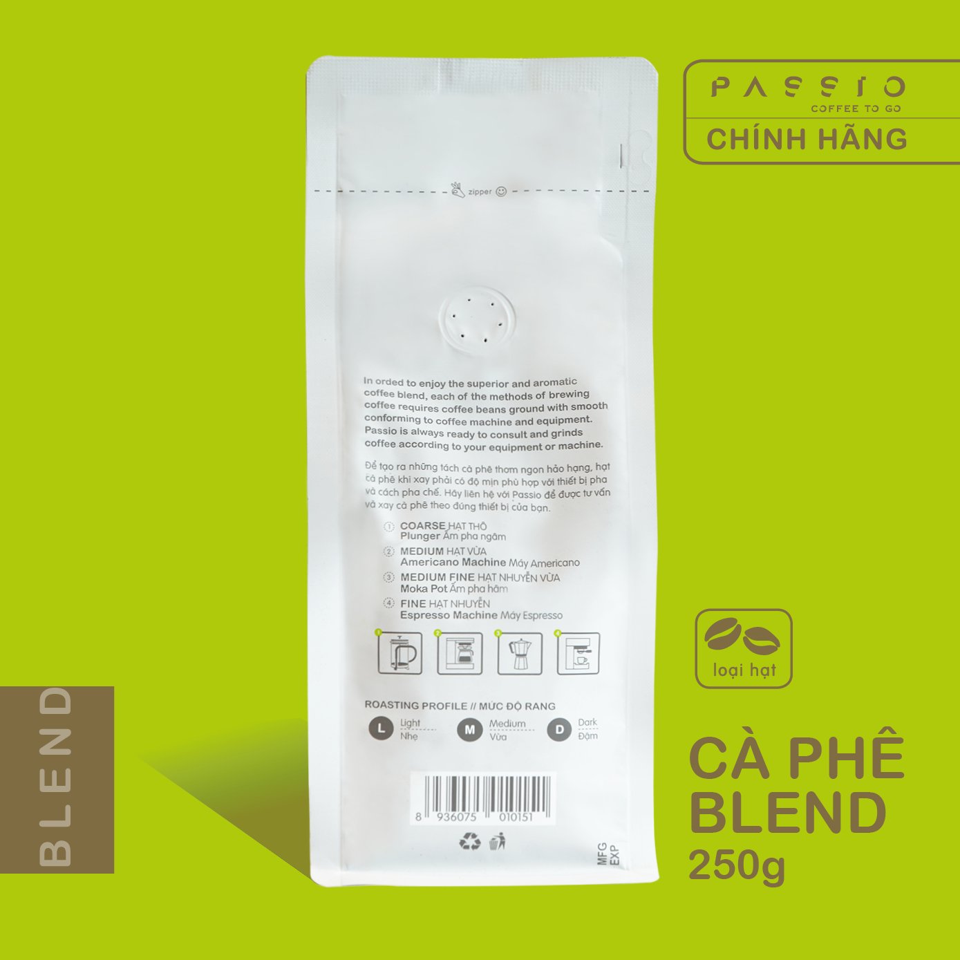 Cà phê Blend dạng Hạt nguyên chất 100% rang mộc - Passio Coffee (250g)