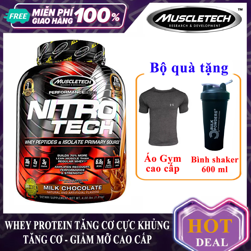 [TẶNG ÁO VÀ BÌNH LẮC] Sữa tăng cơ giảm mỡ cao cấp Whey Protein Nitro Tech của MuscleTech hộp 1.8 kg hỗ trợ tăng sức bền sức mạnh, đốt mỡ giảm cân cho người tập gym và chơi thể thao - thuc pham chuc nang nhập khẩu