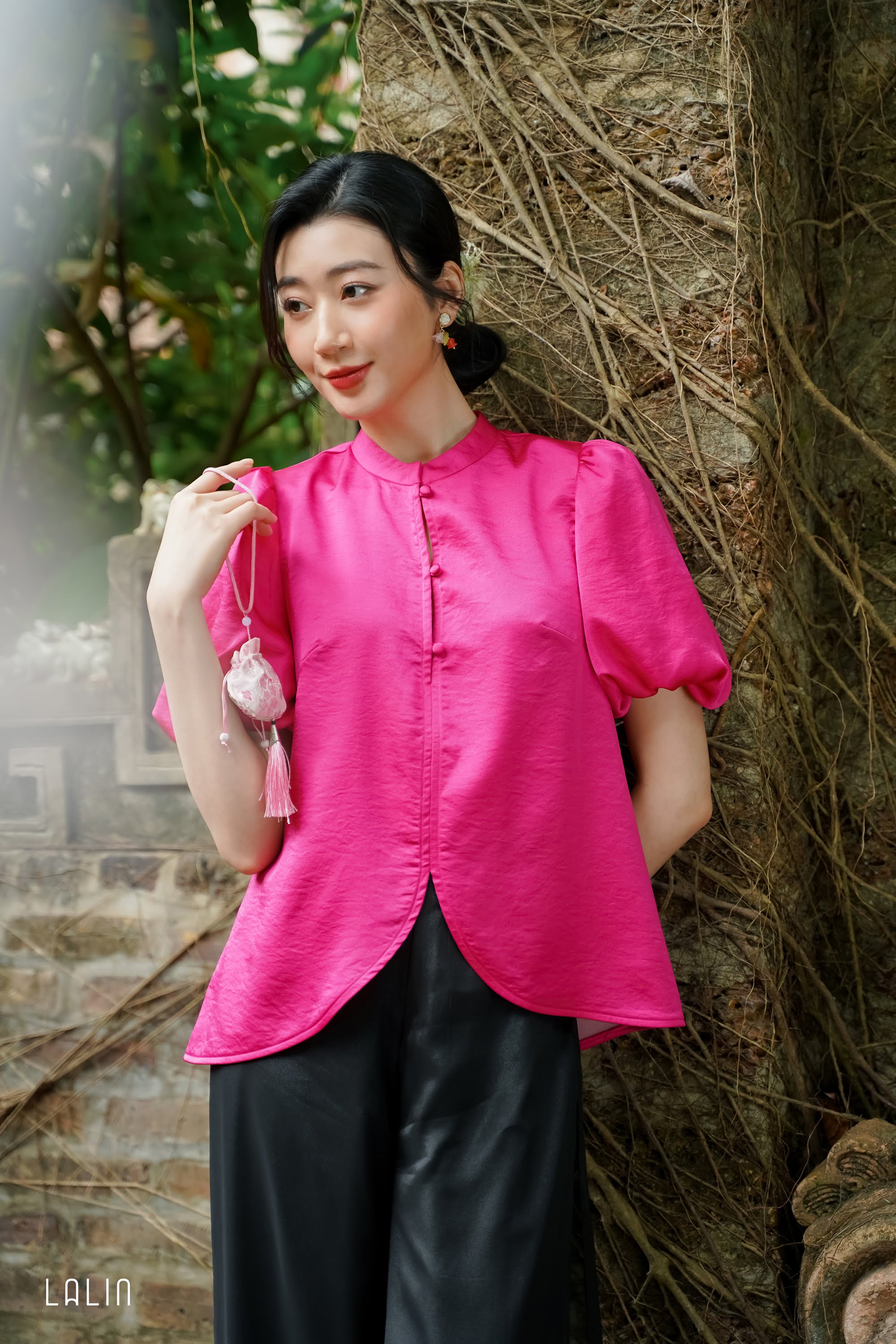 Áo lụa Lalin áo cổ tàu xẻ vạt Mỹ Thư