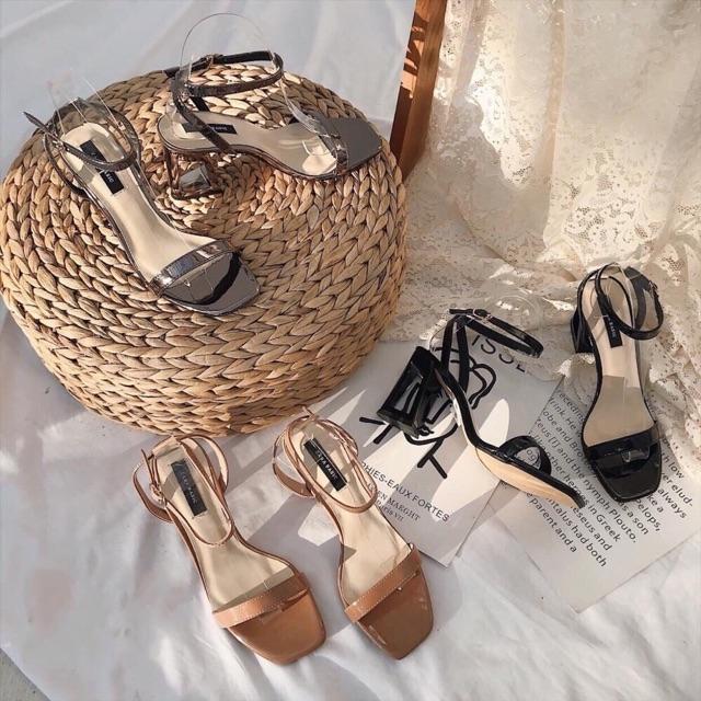 Sandal cao gót 7 phân đế vuông da bóng mới