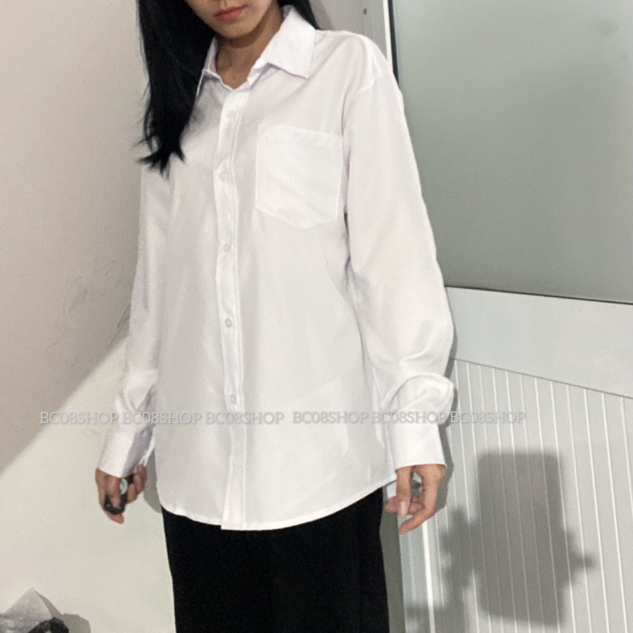 [HCM]Áo Sơ Mi Trắng Tay Dài Túi Basic Phong Cách Unisex BC047