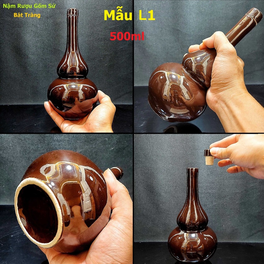 Ceramic Bottle 500ML - Bat Trang brand – Gourd shape – Reddish Brown color - Premium quality – L1 pattern