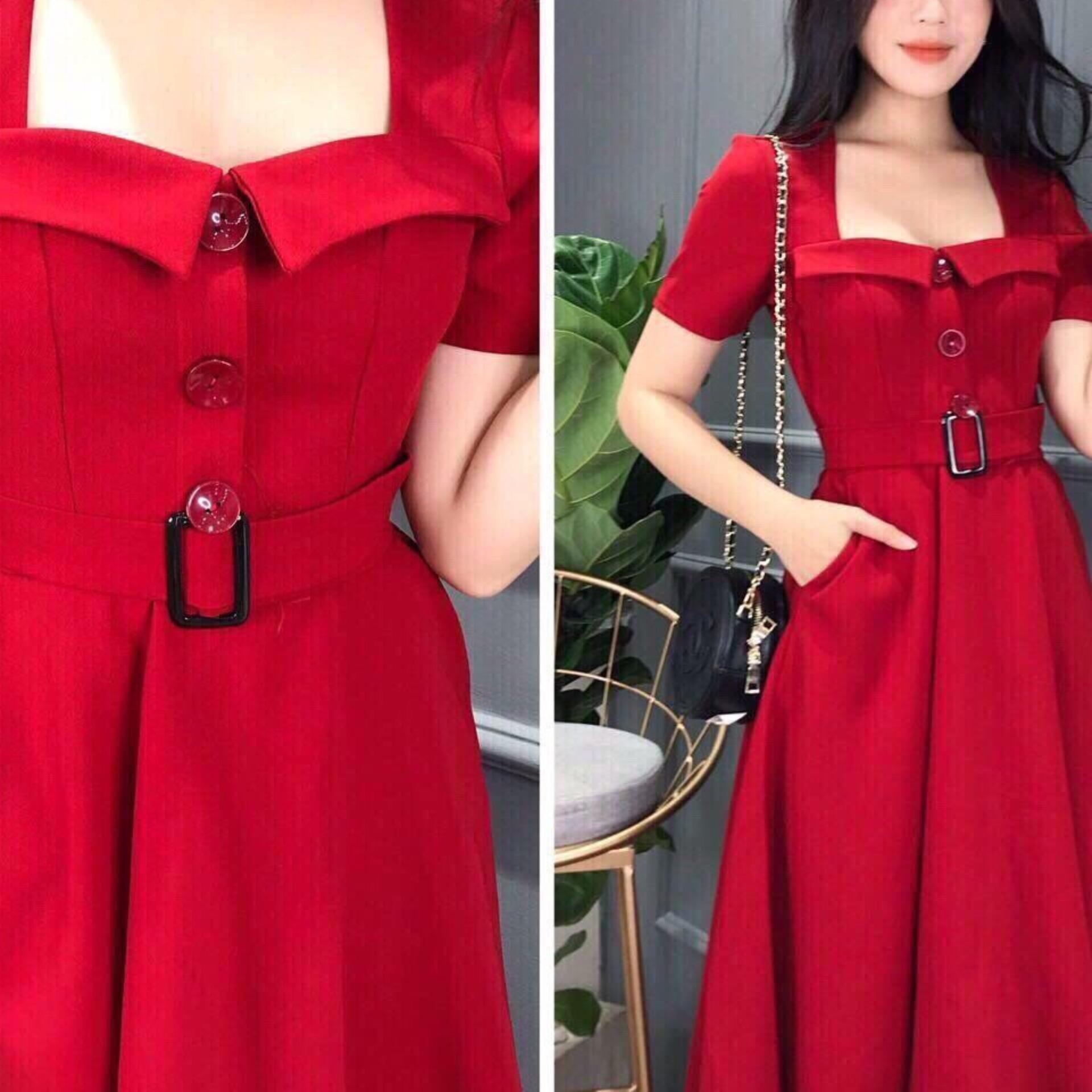 Đầm maxi dáng xòe chất kate lụa kèm đai bel có hình thật đỏ - đen – trắng
