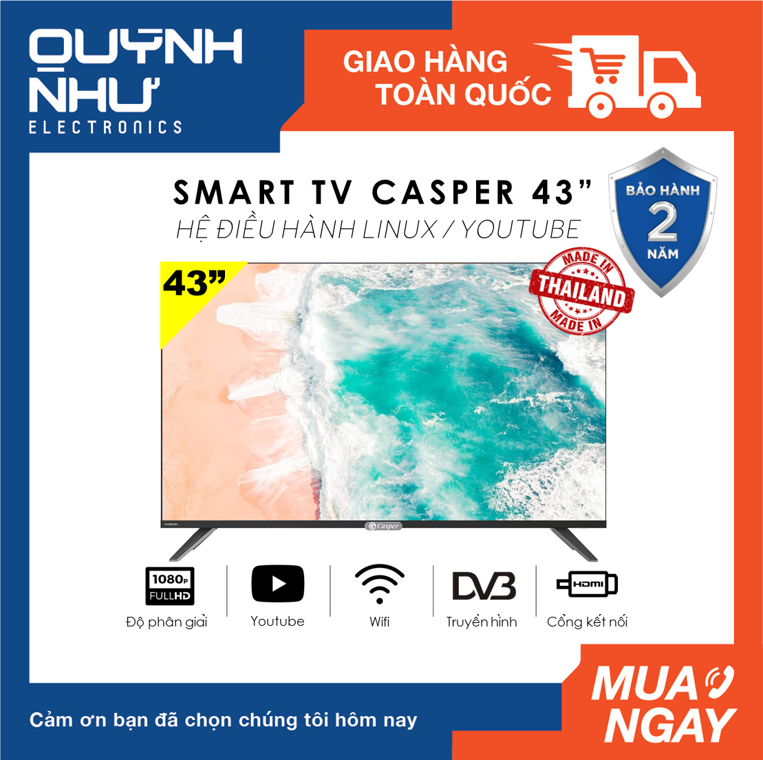 (Trả góp 0%) Smart Tivi Casper tràn viền 43 inch 43FX5200 / 43FX6200 (Full HD, HĐH Linux, DVB-T2, Nexflix, Youtube, ZingTV, FPT Play, ClipTV, màu đen) - Hàng Thái Lan - Tivi giá rẻ - Bảo hành 2 năm