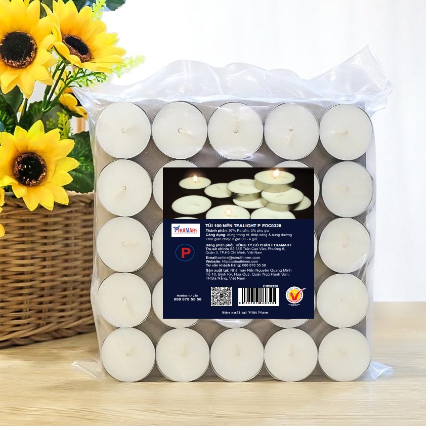[BST Nến trang trí Noel 2023] Túi 100 nến tealight P EDEN CANDLE FTRAMART EDC0320 (Trắng), cháy 4H, phù hợp trang trí  và đốt tinh dầu