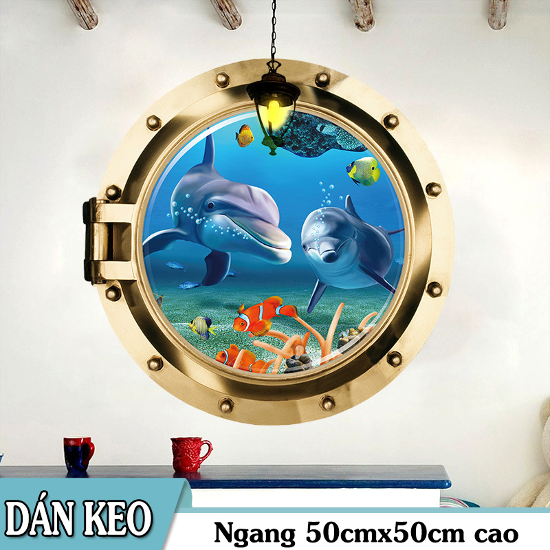 [HCM]Decal trang trí tường - Cửa sổ tròn 3D Cá Heo