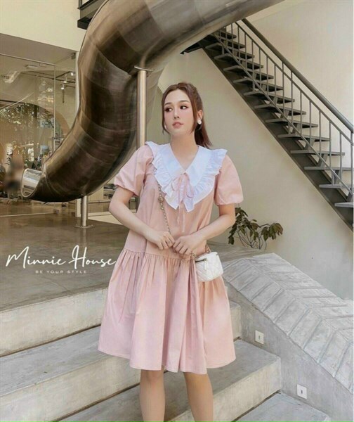 Đầm babydoll hồng xòe cổ bèo siêu xinh