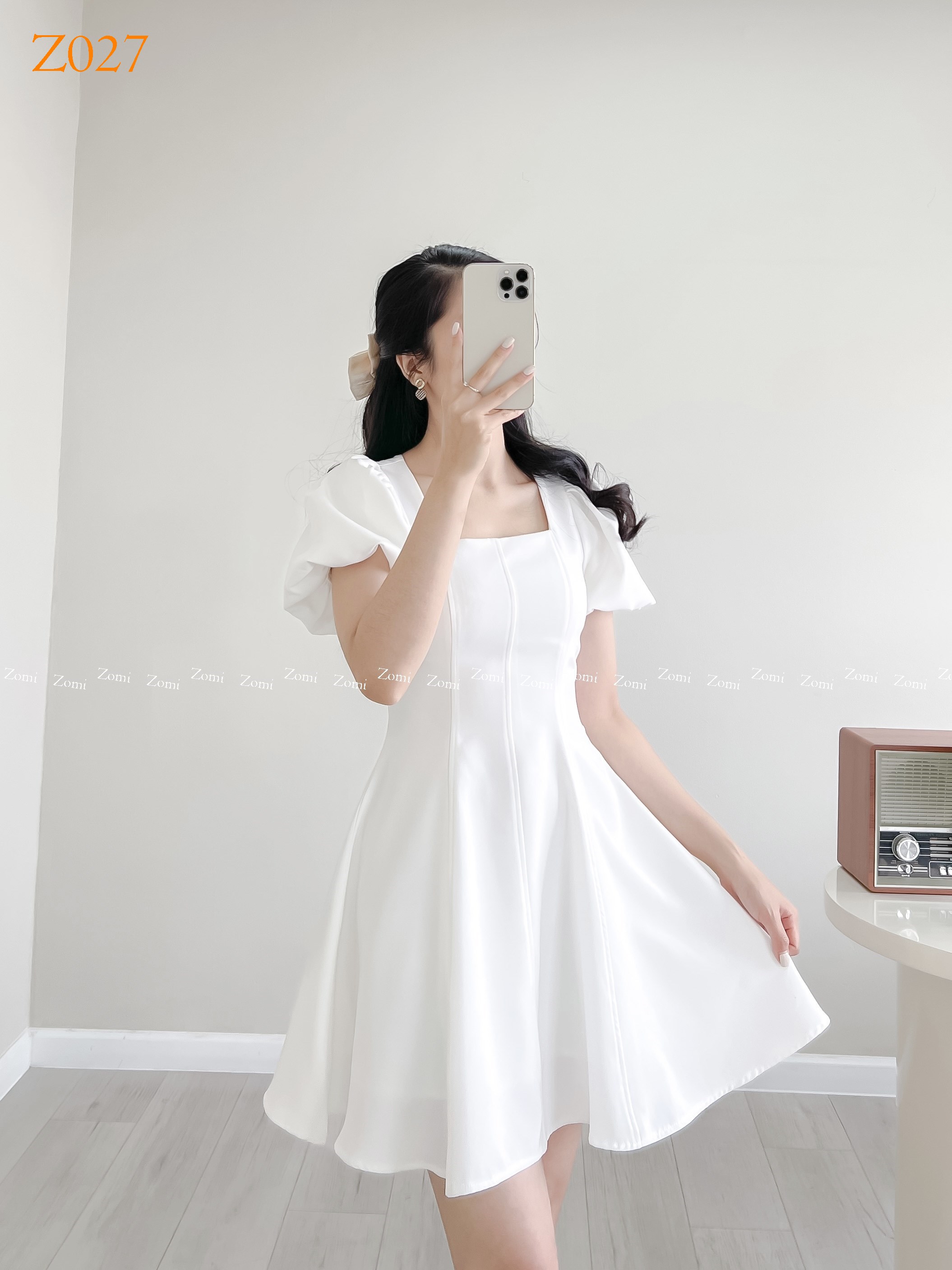 Đầm dự tiệc tay phồng cột nơ lưng dáng xòe