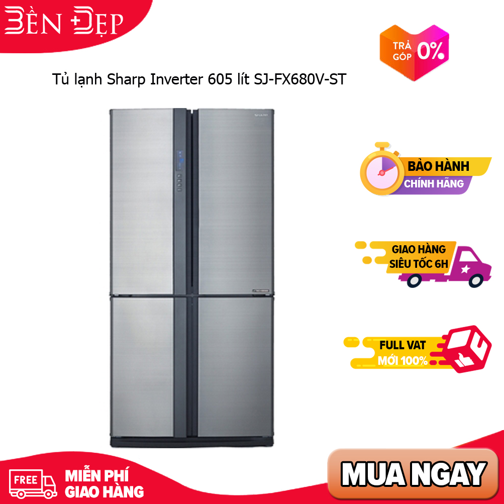 [Trả góp 0%]Tủ lạnh Sharp Inverter 605 lít SJ-FX680V-ST (Giá áp dụng giao tại HN, HCM& các tỉnh liên hệ shop)