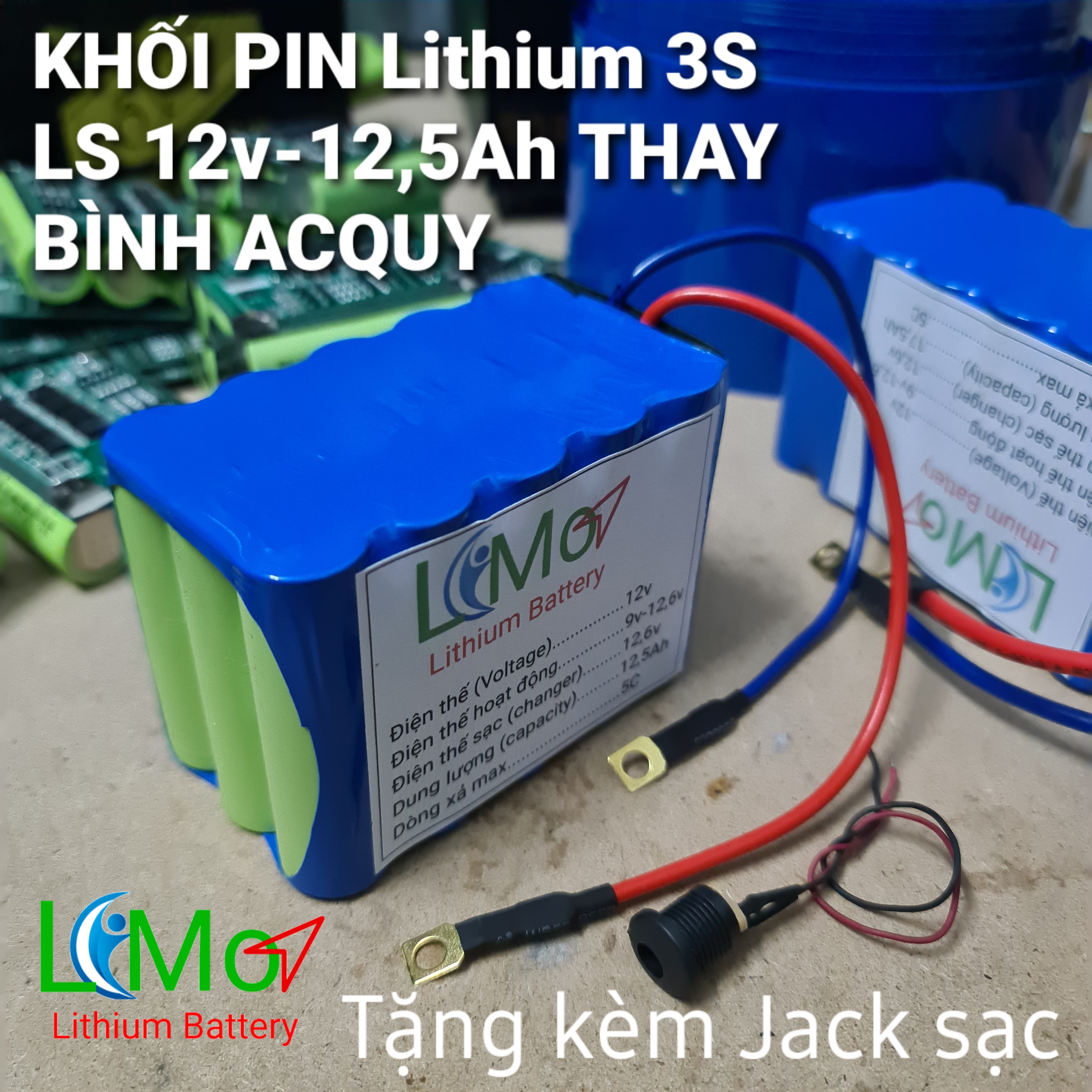 KHỐI PIN LITHIUM 3S 12,6v - 12,5Ah. Được đóng từ 15 Cell Pin sạc 18650 Lishen + Mạch bảo vệ SẠC XẢ 3s 40A. Bình acquy Lithium 12v 12,5Ah - LiMo