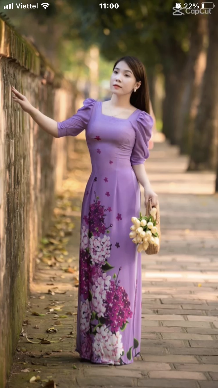 ÁO DÀI CỔ VUÔNG TAY BỒNG HOA 5D tím