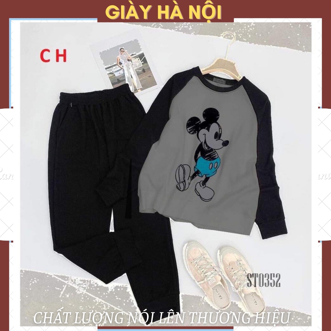 Bộ mặc nhà nữ, bộ thu đông hình micky đáng yêu áo rộng quần bo gấu phù hợp mọi vóc dáng