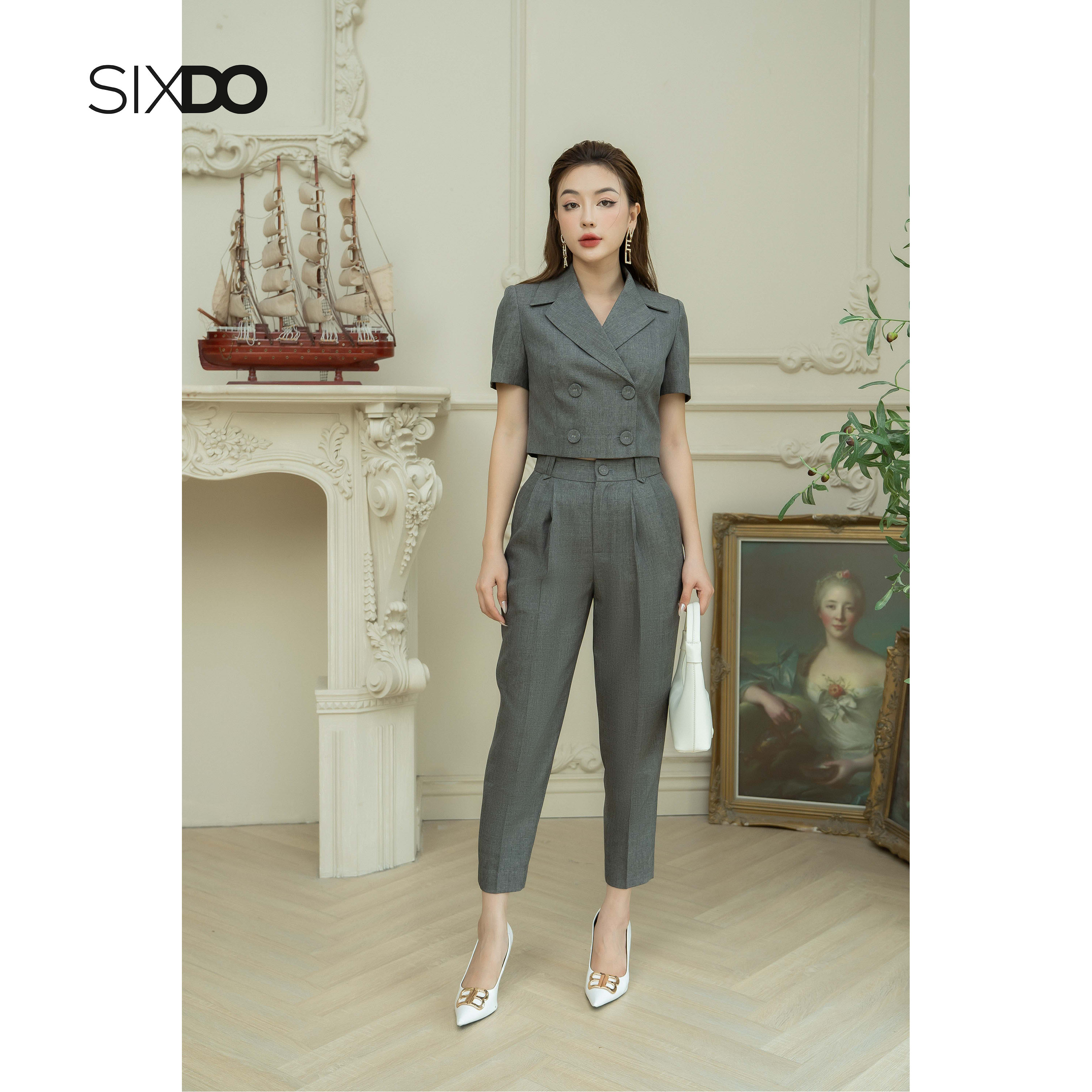 Áo vest nữ dáng lửng cộc tay SIXDO (Gray Brown Cropped Raw Vest)