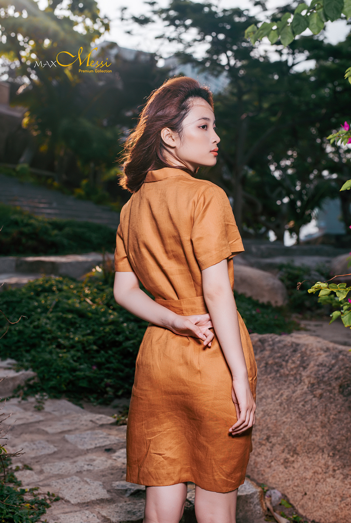 [HCM]Đầm linen cổ ve công sở nút bọc CINDY - MaxMessi