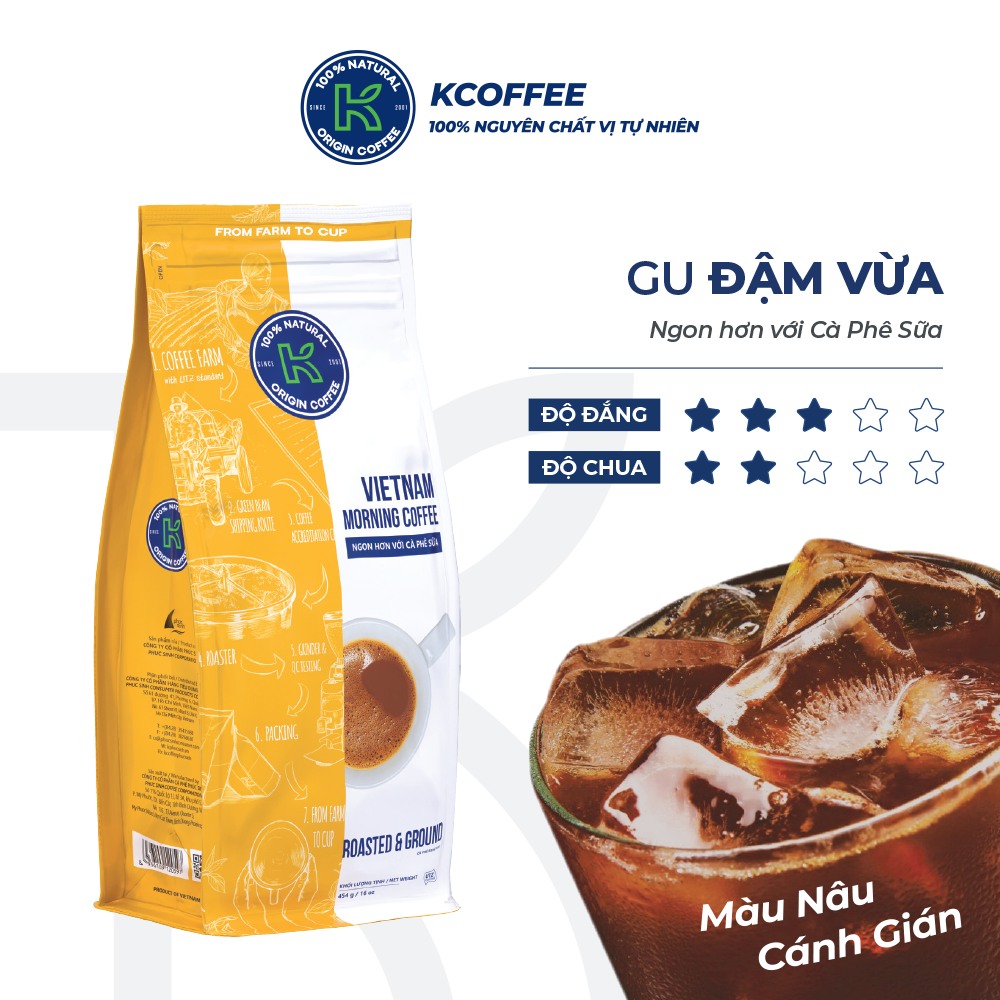 Cà phê Rang xay Đặc sản Nguyên chất Pha phin K Coffee K VN Morning 454g