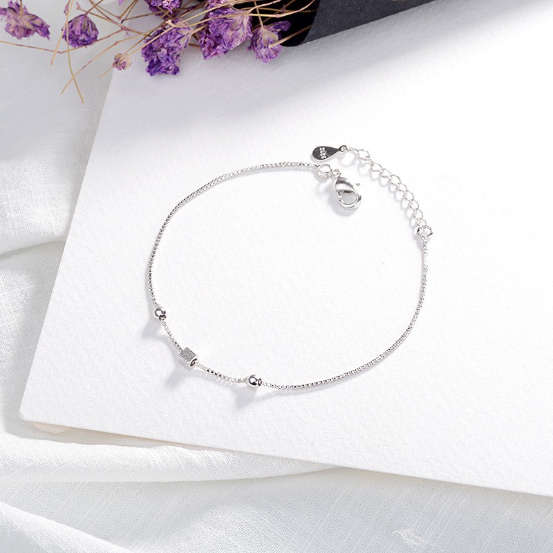 Lắc tay nữ bạc 1 hạt vuông hình học dạng dây trơn thời trang