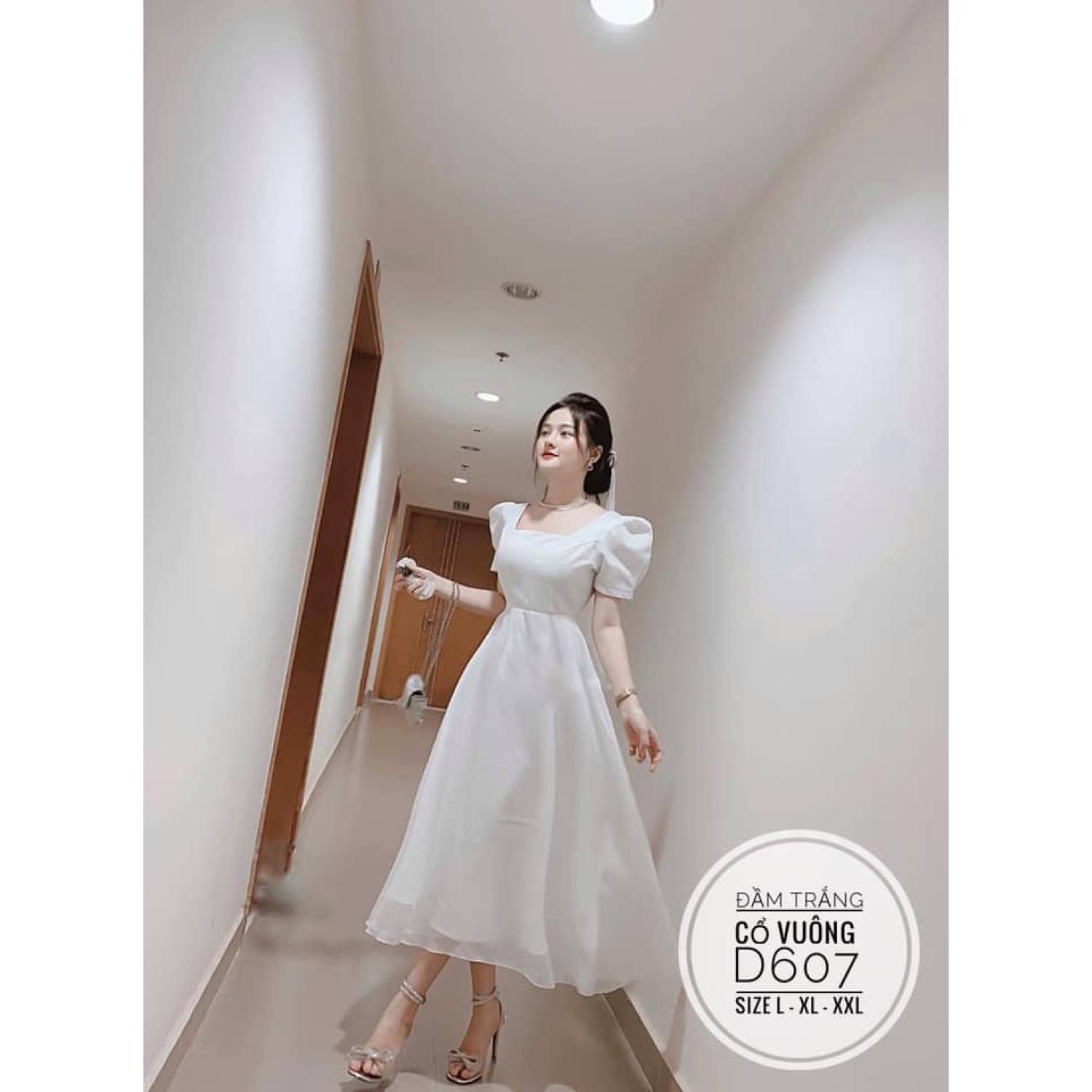 (CÓ ẢNH THẬT) BIGSIZE Đầm trắng cổ vuông D607 (Kèm kẹp voan cài tóc)