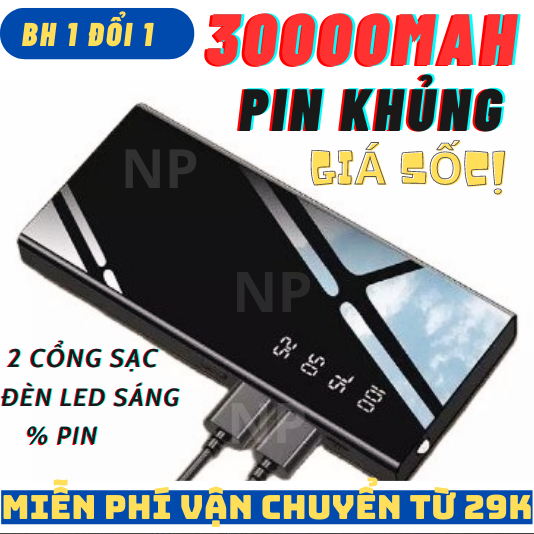 Sạc dự phòng 30000mah màn hình hiển thị mặt gương cực đẹp, pin sạc dự phòng sạc nhanh - cục sạc dự phòng - pin dự phòng chính hãng