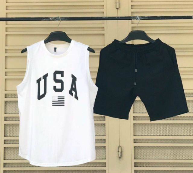 [HCM]BỘ BA LỖ THỂ THAO USA VAI THUN LẠNH SIÊU MÁT TẬP GYM SET BỘ ĐÙI NAM VÀ ÁO THUN BA LỖ CAO CẤP CỰC CHẤT BLACKWHITE1