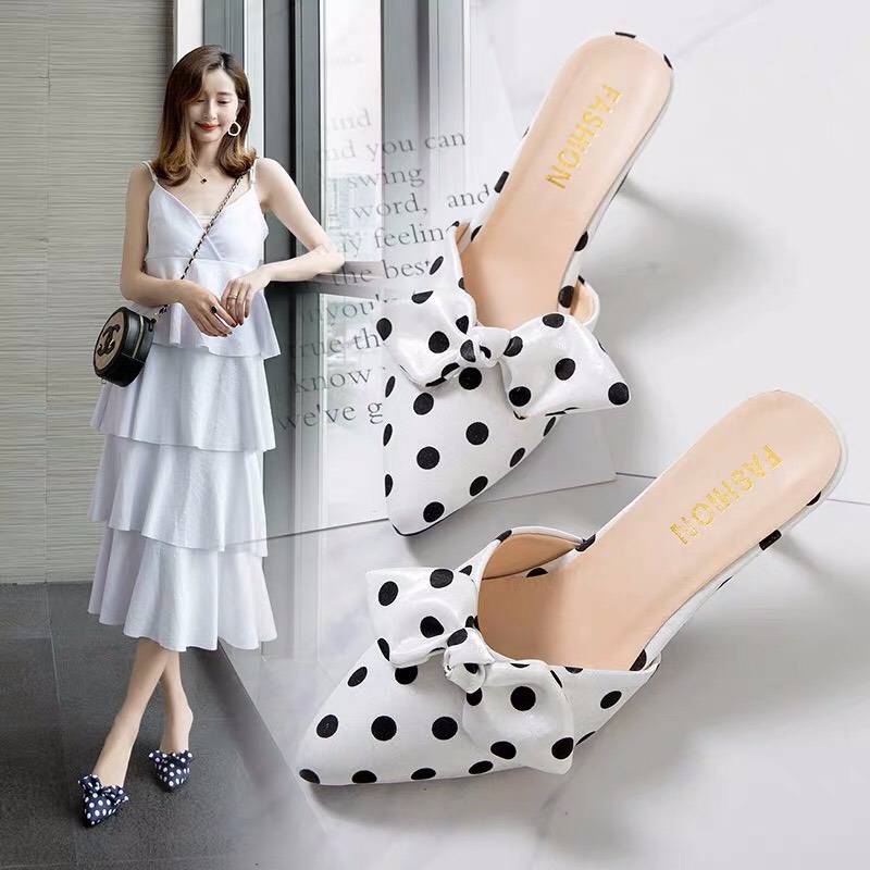 Dép sục nơ phối chấm bi - D336